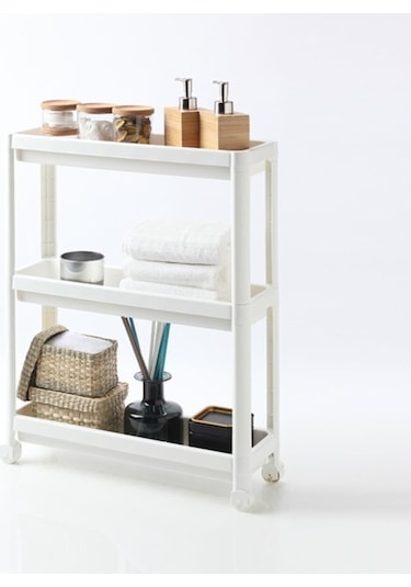 Bayev Banyo Mutfak Düzenleyici Organizer Katlı Raf Beyaz Tekerlekli 3 Katlı Raf Ünitesi Beyaz