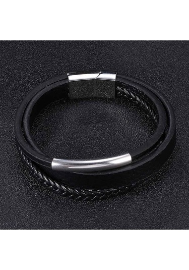 Punk Çok Katmanlı Örgülü Sarma Erkek Deri Bileklikler Paslanmaz Çelik Charm Toka El Yapımı Bilezikler Takı Hediye Siyah