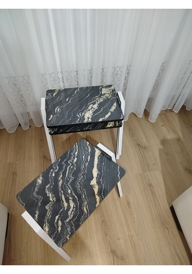 Zigon Sehpa 3'lü Mermer Desenli Tepsi Model Siyah-sarı Mermer Anrasit Ayak Siyah Sarı Mermer