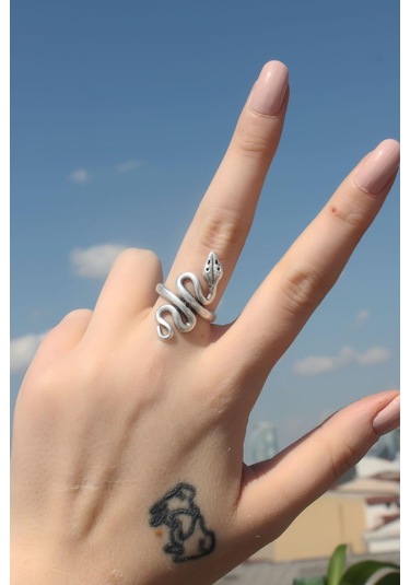 Yılan Figürlü Metal Ayarlamalı Antik Yüzük Antik Gümüş