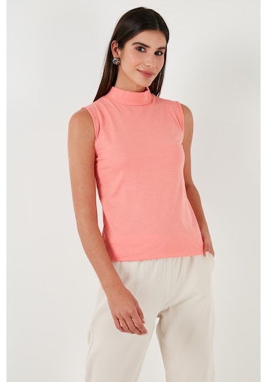 Lela Pamuklu Kolsuz Dik Yaka Bayan T Shirt 5865710 Coral