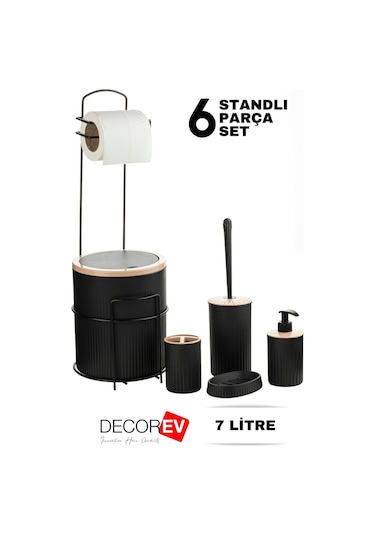 Decorev Büyük Banyo Standlı 6'lı WC Seti 7 Litre Çöp Kovası, Siyah Beyaz