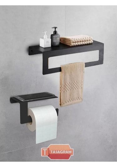Tasagram Metal Banyo Havlu ve Tuvalet Kağıdı Askılığı 2'li Set Siyah