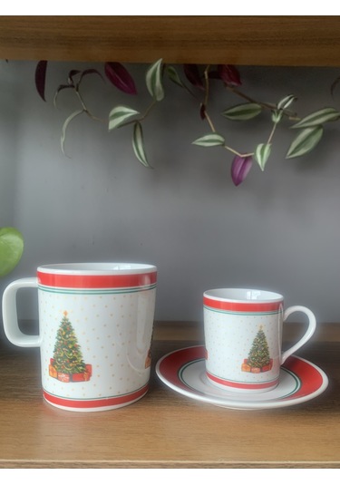 Yeni Yıl-noel Çam Ağacı Model 6 Parça 2 Kişilik Kupa Ve Türk Kahvesi Fincanı Takımı Çok Renkli