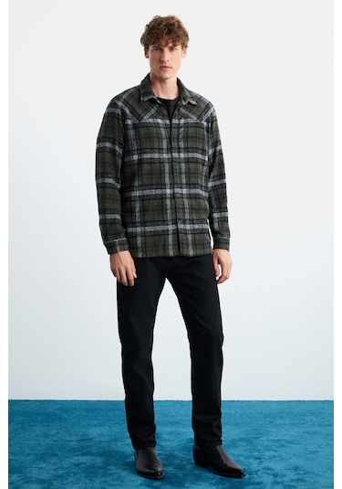 Allenı Erkek Pamuk Gömlek Yaka Relaxed Oduncu Haki Gömlek