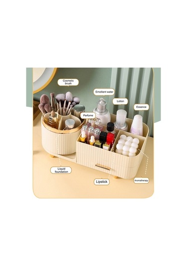 Novahub Adet Kapaksız Küçük Çekmeceli, Döndürülebilir Bölme Tasarımına Sahip Kozmetik Saklama Kutusu Krem Beyaz Bej Bej