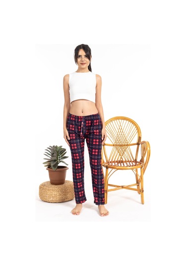Kadın Ekoseli Süet Tek Alt Lacivert-Kırmızı