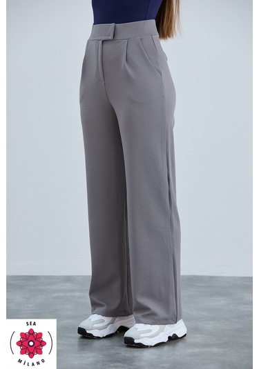 Kadın Gri Cırt Cırtlı Kapama Rahat Palazzo Likralı Esnek Beli Lastikli Pantolon Yüksek Bel Gri