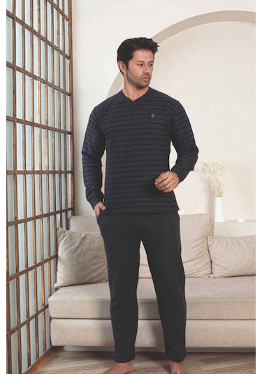 Erkek 3 Düğme Çizgili Kışlık Pamuklu Selanik Kumaş Uzun Manşetli Kol Cepli Pijama Takımı Lacivert-yeşil