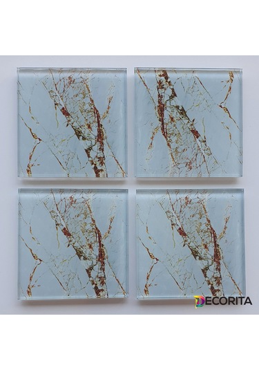 Cam Bardak Altlığı 4'lü Takım Gold Detaylı Beyaz Mermer Görünüm Beyaz