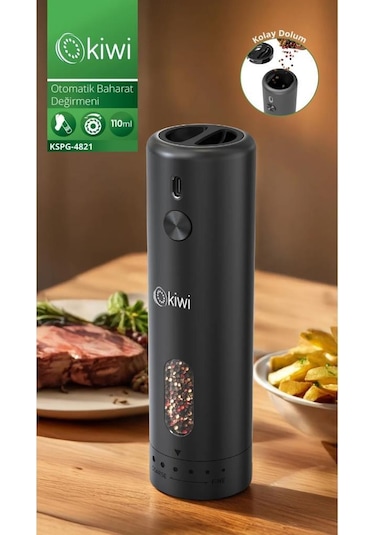 Kiwi Kspg-4851 Şarjlı Tuz Karabiber Değirmeni Otomatik Baharat Öğütücü Siyah