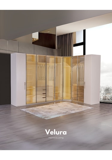 Tress 9 Cam Kapaklı Köşe Gardırop Dolap Krem