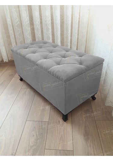 Lüks Sandıklı Kapitoneli Ayakucu Puf Bench 110 Cm Siyah Ayak Gri