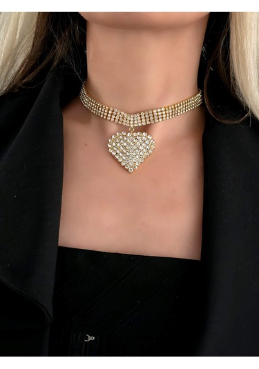 Sallantılı Kalp Model Rhinestone Choker Tasma Model Gold Renk Kolye Gold Çok Renkli