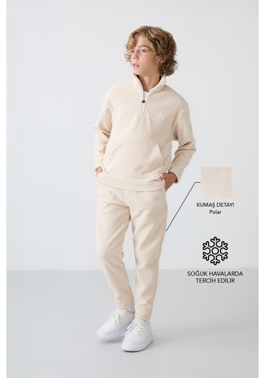 Tommy Life Bej Kalın Yumuşak Dokulu Standart Fit Nakışlı Polar Erkek Çocuk Eşofman Takım - 11218 Bej
