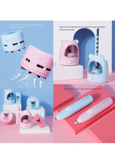 Yifomall Öğrenci Elektronik Ofis Seti: Otomatik Kalem Kesici, Silgi Ve Masa Süpürgesi - Pembe Plastik