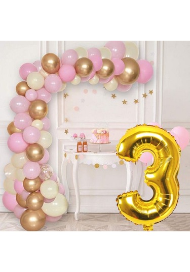 3 Yaş Krom Gold Pastel Pembe Ve Beyaz Balon Seti Gold Rakamlı Doğum Günü Balonu Şık Parti Süsleme Çok Renkli