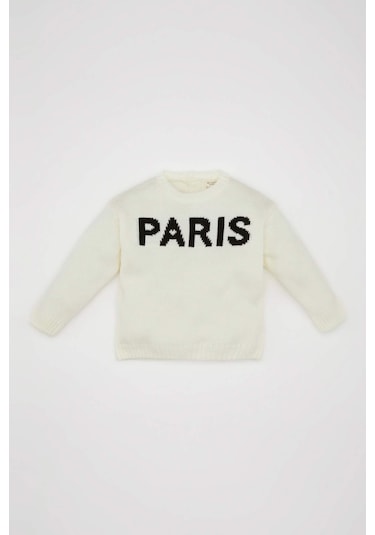 DeFacto Kız Bebek Yazı Baskılı Bisiklet Yaka Triko Kazak C8089A524AUBG744 Bej