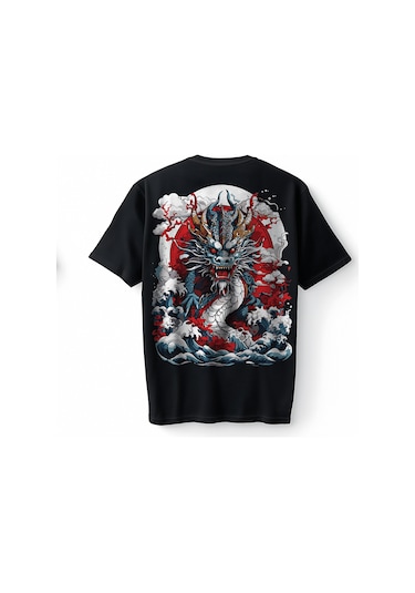 Bumeta Japon Ejderhası Baskılı Oversize Unisex Tişört T-shirt Siyah