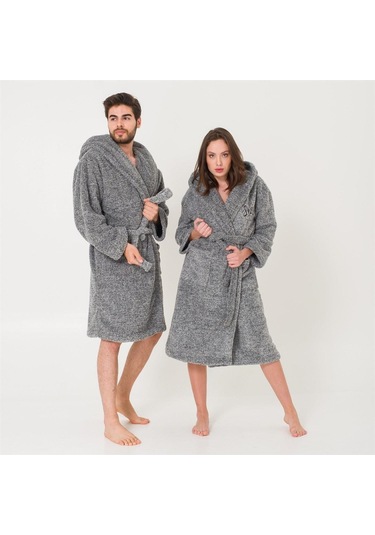Uzun Kapüşonlu Welsoft Sabahlık Aile Seti-Gri