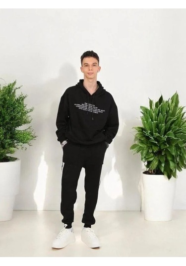 Erkek Çocuk Yazılı Kapüşonlu Sweatshirt-15238 Siyah