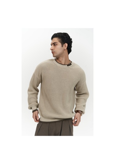 Carter Çift Yaka Detaylı Bej Erkek Triko Kazak Bej