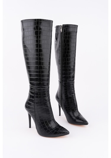 Muggo Zest Kroko Desenli Sivri Burun Fermuarlı İnce Topuklu Kadın Çizme siyah