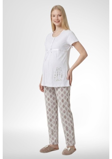 Mecit Pijama Mecit 6350 Ekru Hamile Lohusa Pijama Takımı