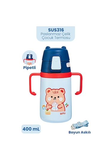 400 Ml 316l Paslanmaz Çelik Pipetli Çocuk Termosu Taşıma Kulplu Askılı Çift Duvar -ffr400ml4011 Lacivert