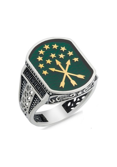 Fkgümüş Yeşil Mineli Çerkez Bayraklı Erkek Gümüş Yüzük
