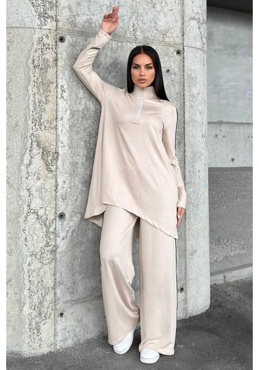 Taş Asimetrik Kesim, Fermuarlı Bluz & Bol Paça Pantolon - Viskon İki İplik Kumaş Alt & Üst Takım Taş