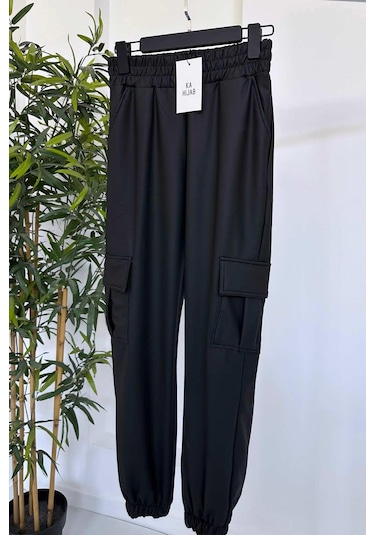Kahijab Kargo Cep Deri Jogger Pantolon - Siyah Siyah
