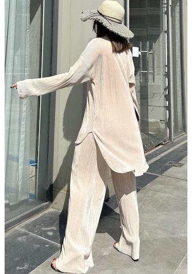 Kadın Bej Uzun Tunik Gömlek & Beli Lastikli, Bol Paça Pantolon - Salaş Bürümcük Takım Bej