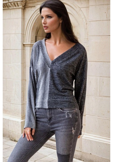 Antrasit V Yaka, Renk Bloklu, Uzun Kollu, Şerit Detaylı Bluz Antrasit