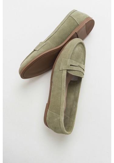 F02 Açık Yeşil Süet Hakiki Deri Kadın Loafer Ayakkabı Yeşil