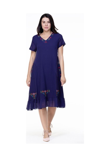 Kısa Kol Şile Bezi Mehtap Midi Boy Nakış Detaylı Elbise Mor Mor-mor