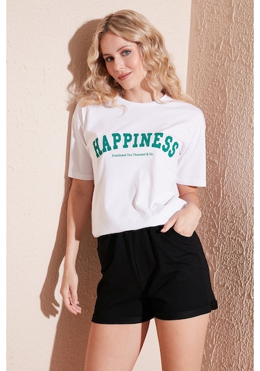 Lela Baskılı Pamuklu Oversize Bisiklet Yaka Bayan T Shirt 541Happiness Beyaz