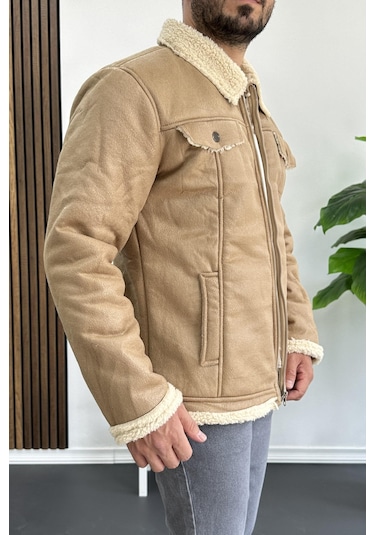 Erkek İçi Kürklü Suni Pul Deri Mont Krem Edw120-krem Krem