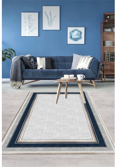 Lacivert Dijital Baskı Salon Halısı Kaymaz Tabanlı Yıkanabilir Halı Yolluk 501 Lacivert