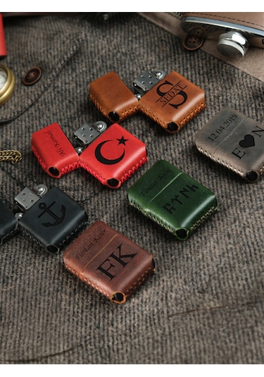 Vagave Taba Renk Hakiki Deri Kılıflı Zippo Benzinli Çakmak