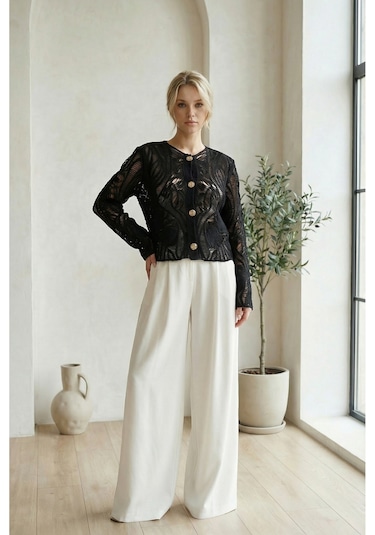 Sayzen Your Shine Dantel Desenli Gold Düğmeli Basic Ceket Shn-2602-tg Siyah