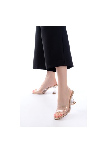 S-619 Bej Rugan Şeffaf Bantlı Şeffaf Topuklu Yuvarlak Burunlu Kadın Terlik Renksiz