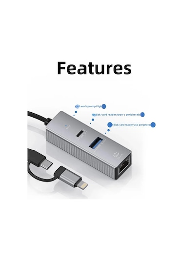 3 Portlu Ağ Ve Veri Adaptörü: Rj45 Lan + Usb 3.0 + Type-c Girişli Metal Kasa