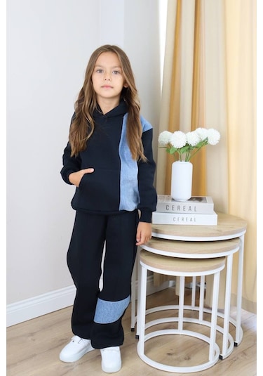 Kot Garnili Çımalı Tarz Kapüşonlu Kız Çocuk Eşofman Takım Siyah