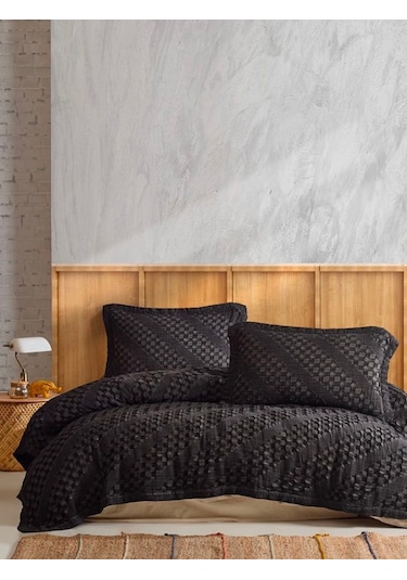 Şaheser Enza %100 Pamuk Jakarlı Çift Kişilik Yatak Örtüsü Seti-an Antrasit