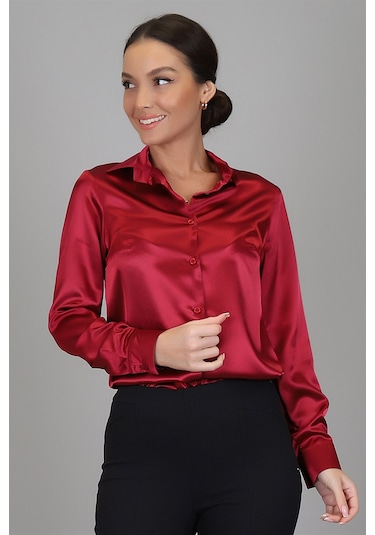 Sweetness Kadın Bordo Saten Uzun Kol Abiye Gömlek Bordo