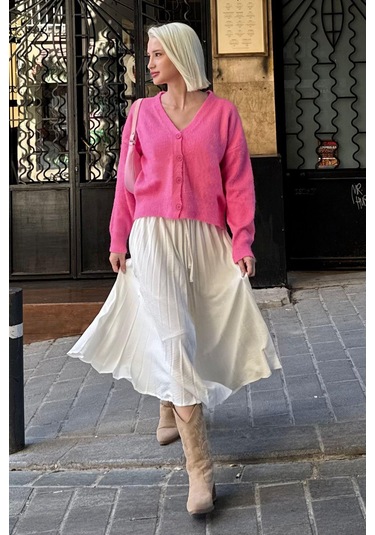 Pembe V Yaka Kadın Triko Hırka Mg2462 Pembe