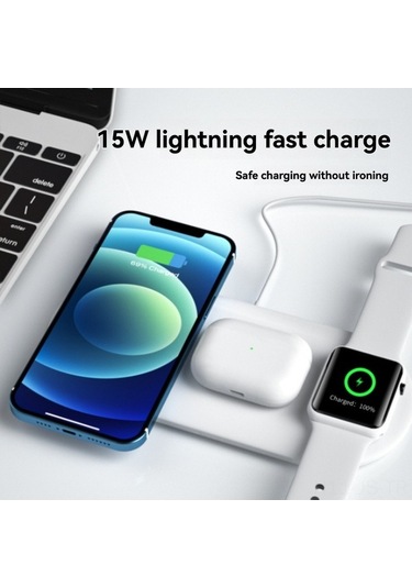 Fastbuy 15w Ojd-48 3'ü Bir Arada Kablosuz Şarj Cihazı - Akıllı Tanı, İphone/android, Saat & Kulaklık Uyumlu - Siyah Şarj Apar