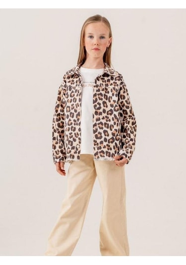 Kız Çocuk Leopar Desenli Kot Ceket İçi T-shirt Takım-15511 Kahverengi