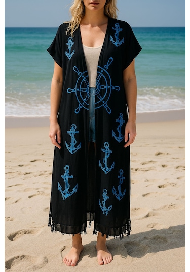 Mavi Denizci Desenli Siyah Salaş Kimono Kaftan Standart Mavi